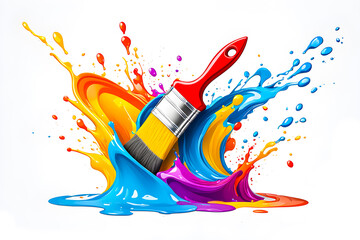 Illustration of Paint brush and colorful liquid splashing on white background.