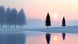 © Inlovehem - Serene winter landscape with misty trees and a glowing sun reflecting on calm water.