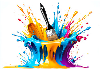 Illustration of Paint brush and colorful liquid splashing on white background.