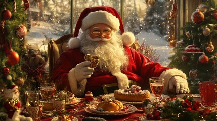 Santa Claus Enjoying Festive Christmas Brunch with Family Amidst Holiday Decorations