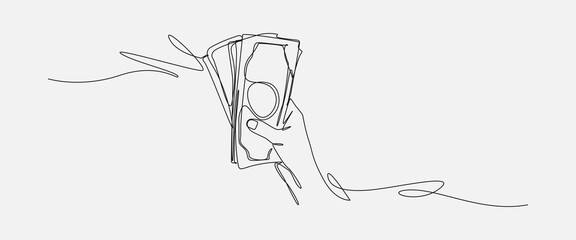 Hand holding banknotes in a continuous one line drawing style. Editable line vector illustration.