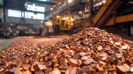 Metallic minerals like iron ore and copper being processed in a factory setting, with machinery in the background.