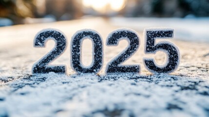 Sparkling New Year 2025 in Frost. Frozen Numbers On The Winter Snowy Road. New Year Concept