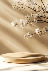 Wall Mural - Geometric Wooden Podium with Spring White Flowers on Pastel Beige - 8K Product Presentation Stand