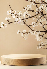 Wall Mural - Geometric Wooden Podium with Spring White Flowers on Pastel Beige - 8K Product Presentation Stand