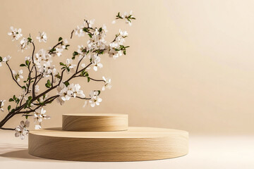 Wall Mural - Geometric Wooden Podium with Spring White Flowers on Pastel Beige - 8K Product Presentation Stand