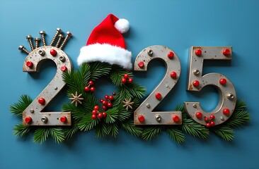 happy New Year postcard, metal numbers 2025 using nails, construction business, hardware, Santa hat, fir branches, blue background