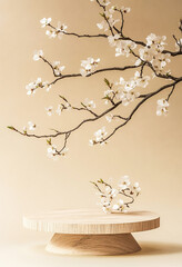 Wall Mural - Geometric Wooden Podium with Spring White Flowers on Pastel Beige - 8K Product Presentation Stand