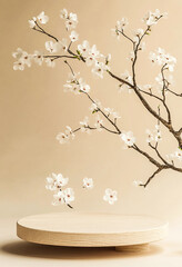 Wall Mural - Geometric Wooden Podium with Spring White Flowers on Pastel Beige - 8K Product Presentation Stand