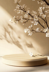 Wall Mural - Geometric Wooden Podium with Spring White Flowers on Pastel Beige - 8K Product Presentation Stand
