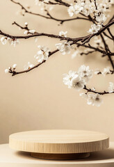 Wall Mural - Geometric Wooden Podium with Spring White Flowers on Pastel Beige - 8K Product Presentation Stand