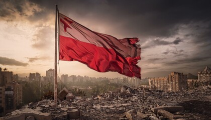 Old flag over ruined city