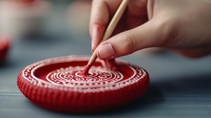 Poster - A close-up shot of a hand skillfully painting intricate patterns on a red plate using a fine brush in a creative art setting.