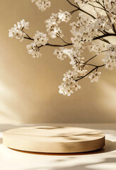 Wall Mural - Geometric Wooden Podium with Spring White Flowers on Pastel Beige - 8K Product Presentation Stand