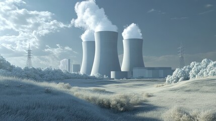 Wall Mural - Nuclear power station with cooling towers in the background, symbolizing efficient electricity generation.