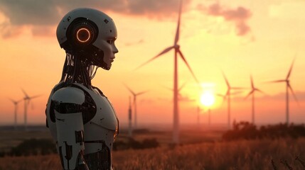 Poster - A robot stands in a field of wind turbines