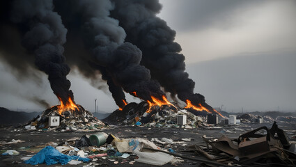 A landfill with trash burning, sending thick black smoke into the sky. The toxic fumes and smoldering piles of waste illustrate the dangers of improper waste disposal.