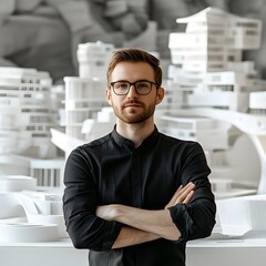 a creative architect in front of a futuristic building