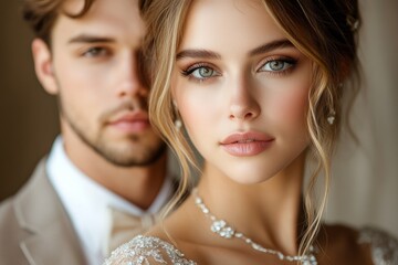 closeup of beautiful bride and groom in wedding dresses