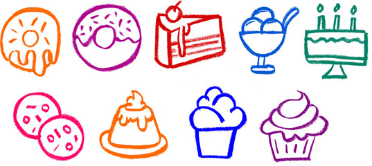 Wall Mural - Cakes and Sweets Icons Crayon Chalk Drawing Vector Set