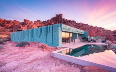 a house with a pool and a mountain in the background.