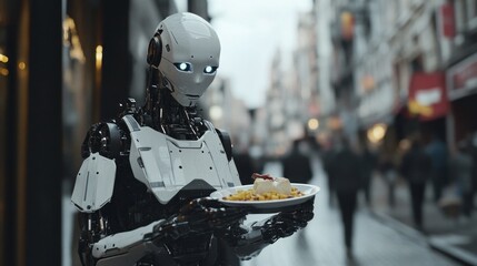 Poster - A robot is holding a plate of food in a city street