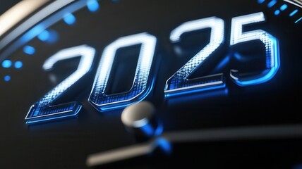 A close-up view of a clock displaying the year 2025, featuring illuminated blue numbers against a dark background.