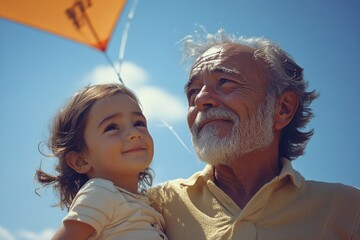 Older man holding a little girl while flying a kite