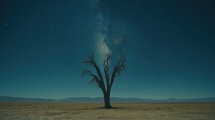 A lone tree stands silhouetted against a backdrop of a starry night sky, the Milky Way stretching across the horizon.