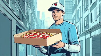 A pizza delivery person holding a pizza box in a city setting