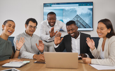 Aufkleber - Group, video call and wave in meeting, smile and speaker with ideas, boardroom and communication. Monitor, discussion and teamwork for architecture, display and brainstorming of people and greeting