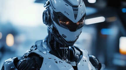 Poster - A robot with a white helmet and blue lights on its face