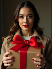 A stylish woman opens a festive Christmas gift with a red bow and ribbon.