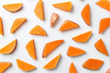 Poster - Fresh sliced oranges arranged on a clean white surface, perfect for food styling and photography