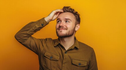 Poster - Portrait of a bearded man wearing a brown shirt, suitable for use in editorial or creative projects