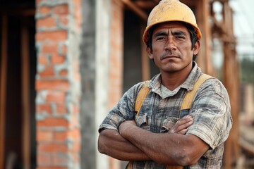 Poster - A construction worker wearing a hard hat stands in front of a building, ready to start work