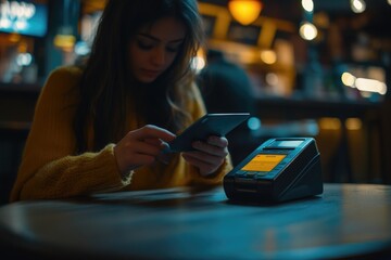 Aufkleber - A person sitting at a table using a mobile device, great for technology or everyday life scenes