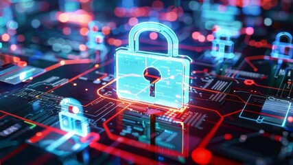 Poster - Digital Security Protecting Data with Glowing Padlock in Networked Environment, Emphasizing Safety, Technology, and Cyber Protection Through Intricate Circuit Designs.