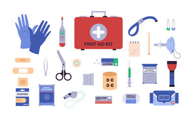 first aid kit flat icons vector set, medical supplies box, bandage, plaster, medicines pills, thermo