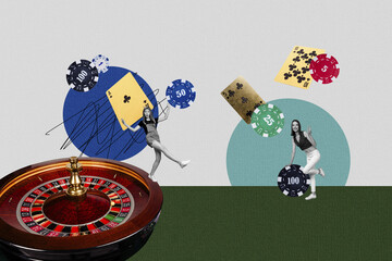 Creative collage picture young two girls celebrate success luck fortune roulette players cards chips combination drawing doodles