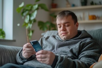 Aufkleber - A person sitting on a couch looking at their cell phone, possibly checking messages or browsing the internet
