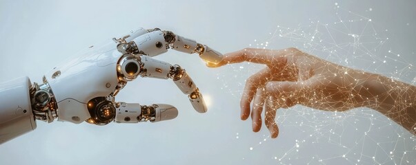 Poster - A white robotic arm reaching out to touch a human hand representing the connection between technology and humanity
