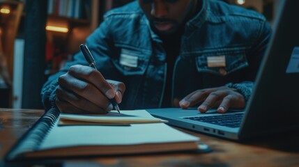 Poster - Man sitting at a desk with a laptop and a pen, perfect for stock photos of remote work or office settings