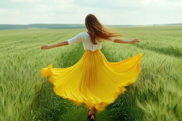 Poster - A woman wearing a bright yellow dress walks through a wheat field, surrounded by tall golden grasses