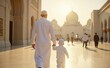 © sorab - Father with Son Go To Mosque Wearing White clothes and caps , Muslim Family, Pray To God , Ramadan