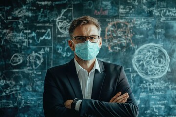 Poster - A person wearing a face mask stands in front of a blackboard, ready for education or instruction