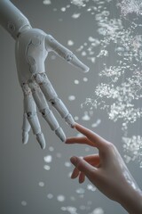 Poster - Futuristic white robotic arms reaching out, symbolizing advanced technology and human-robot interaction in a digital age