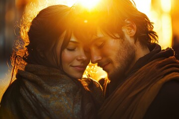 Poster - A man and a woman embracing in warm sunlight