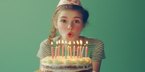 A happy birthday girl blowing out the candles on her cake, celebrating with friends and family