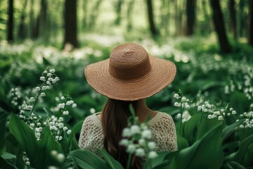 A woman wearing a hat stands amidst a field of flowers, a bright and cheerful scene